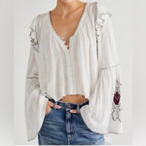 Free People FP One Boho Rosewood Ivory Embroidered Gauze Peasant Blouse Small